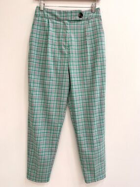 Selected Femme vintage inspired green gray plaid high waisted trouser pants 6